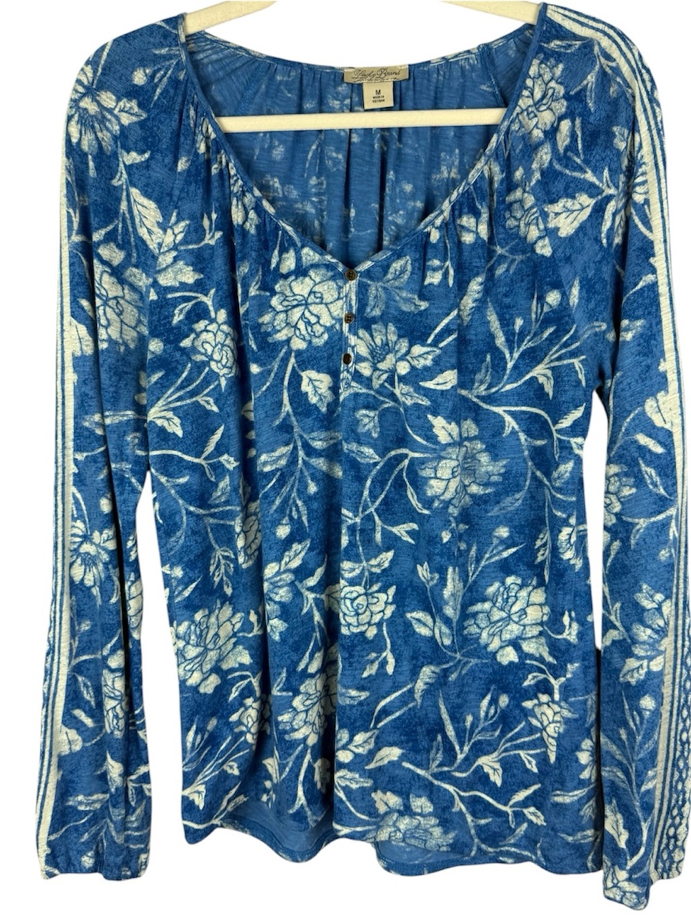 Lucky Brand Blue Floral Henley Long Sleeve Top Blouse Medium Boho Slub Knit